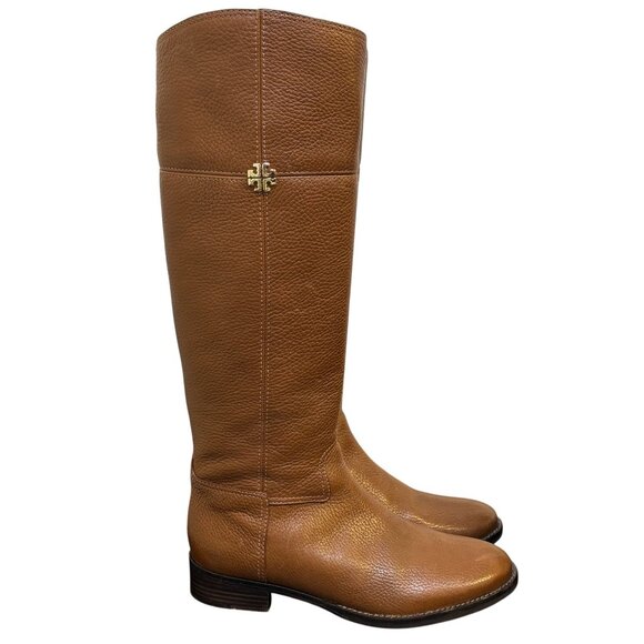 Tory Burch Brown Leather Riding Boots Size 8 With Gold Logo Detail - Picture 6 of 12